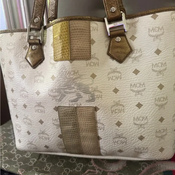 MCM White and Gold Visetos Tote with Brown Trim - Picture 1 of 10
